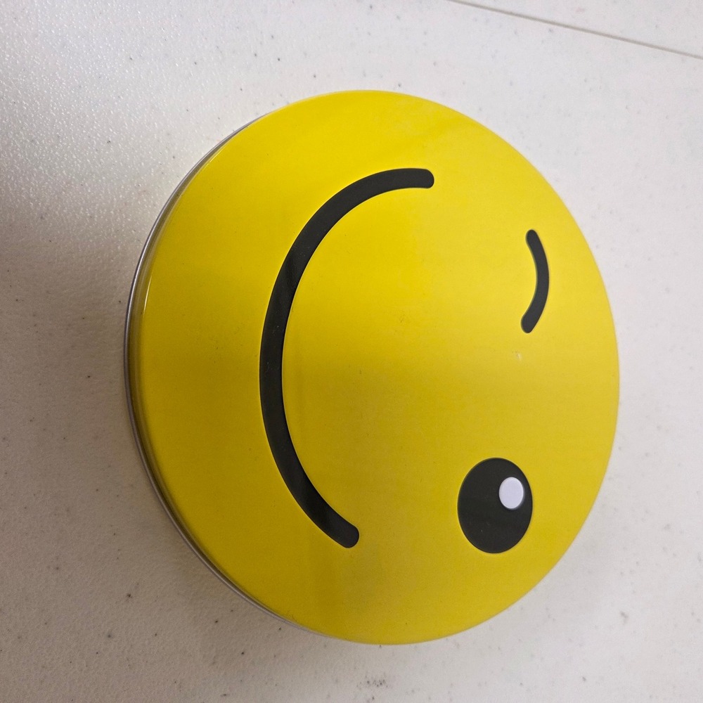 Yellow Winking Smiley Face Round Metal Storage Tin Emoji Trinket Box 5.5 inch